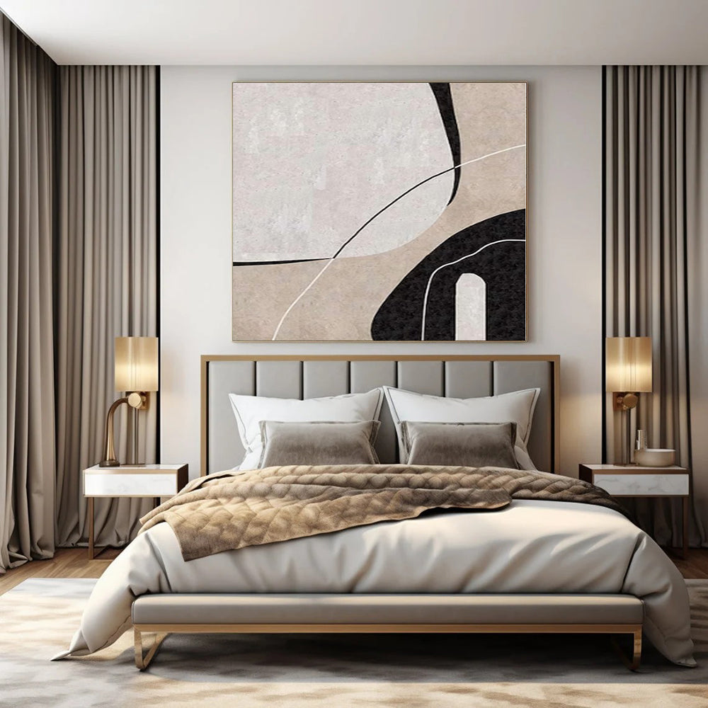 Beige, Black and White with Curved Line Forms "Organic Flow" Abstract Painting On Canvas PS1162