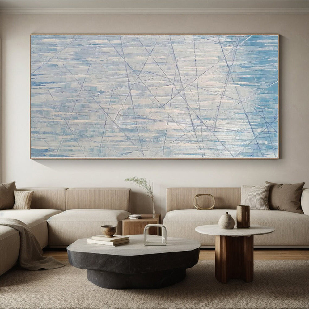 “Blue - White Linear Abstraction” - Blue, White Abstract Painting On Canvas PS0475