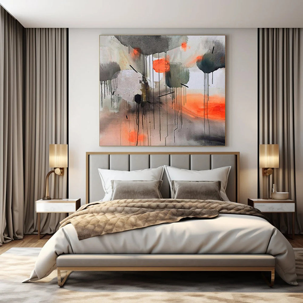Gray, Orange, and Black Dripping, "Urban Rhythm" – Abstract Expressionist Painting On Canvas PS1005