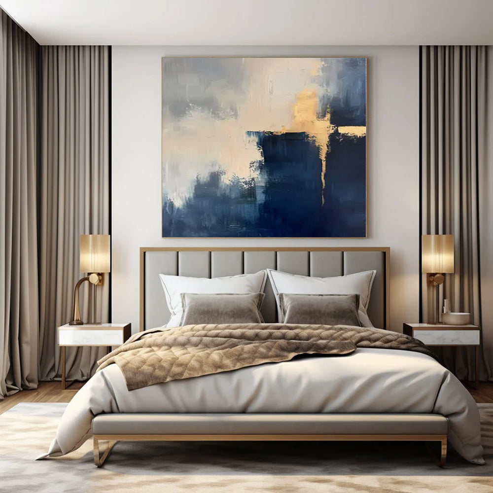 Navy, White, Gold with Abstract Overlays "Gilded Horizons" Abstract Painting On Canvas PS1311