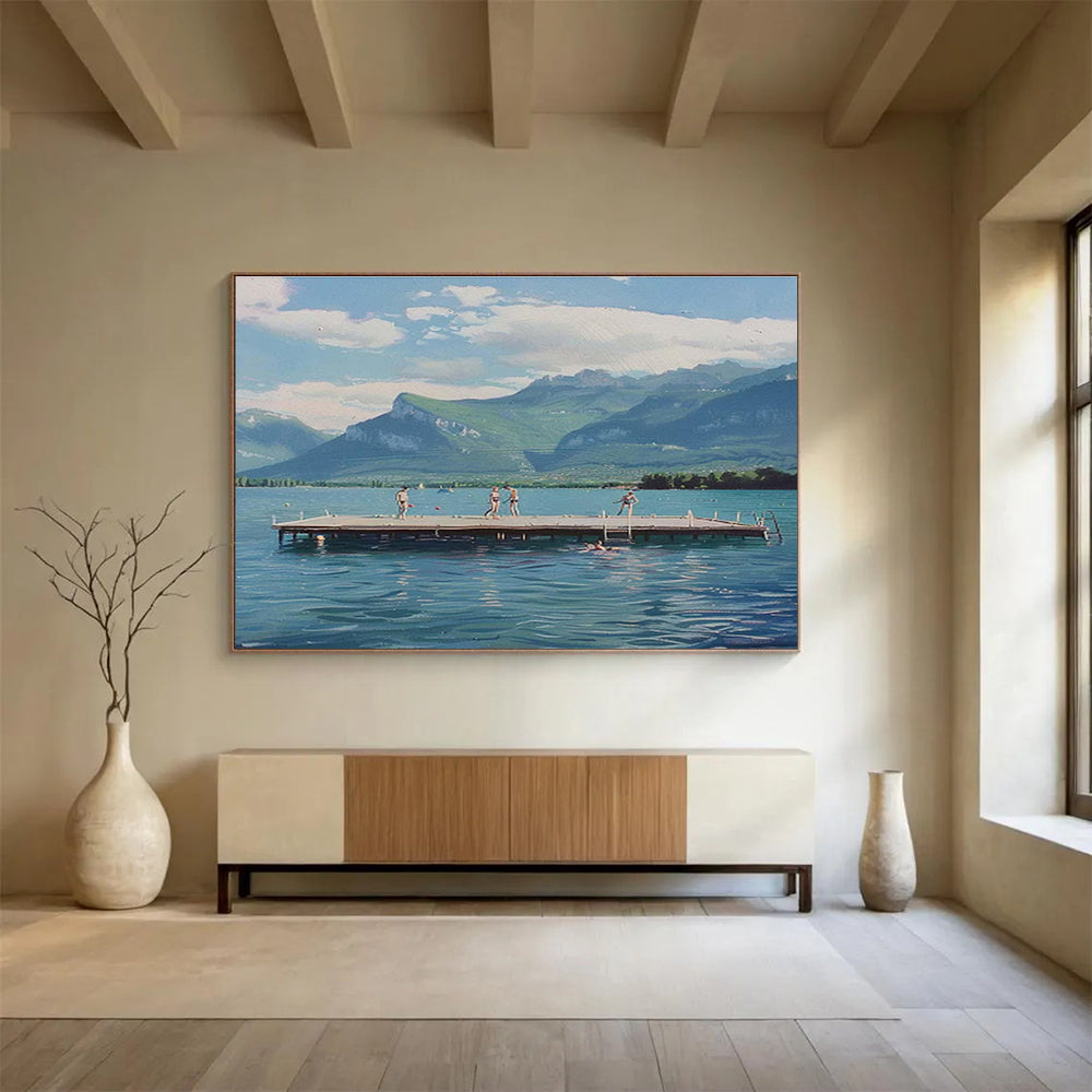Blue Lake and Green Mountains with Figures Realistic Landscape Painting On Canvas DKS093