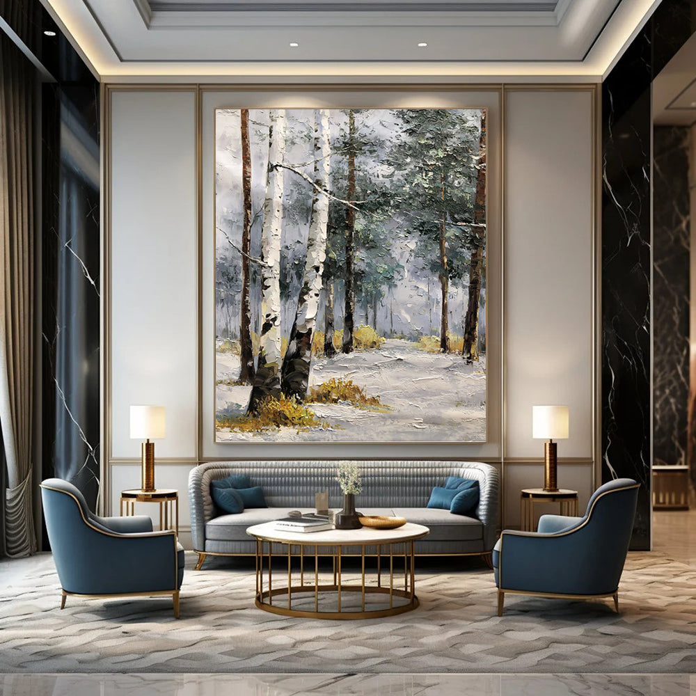 “White - Brown Winter Birch Path” - Impressionist Landscape Painting On Canvas PT1283