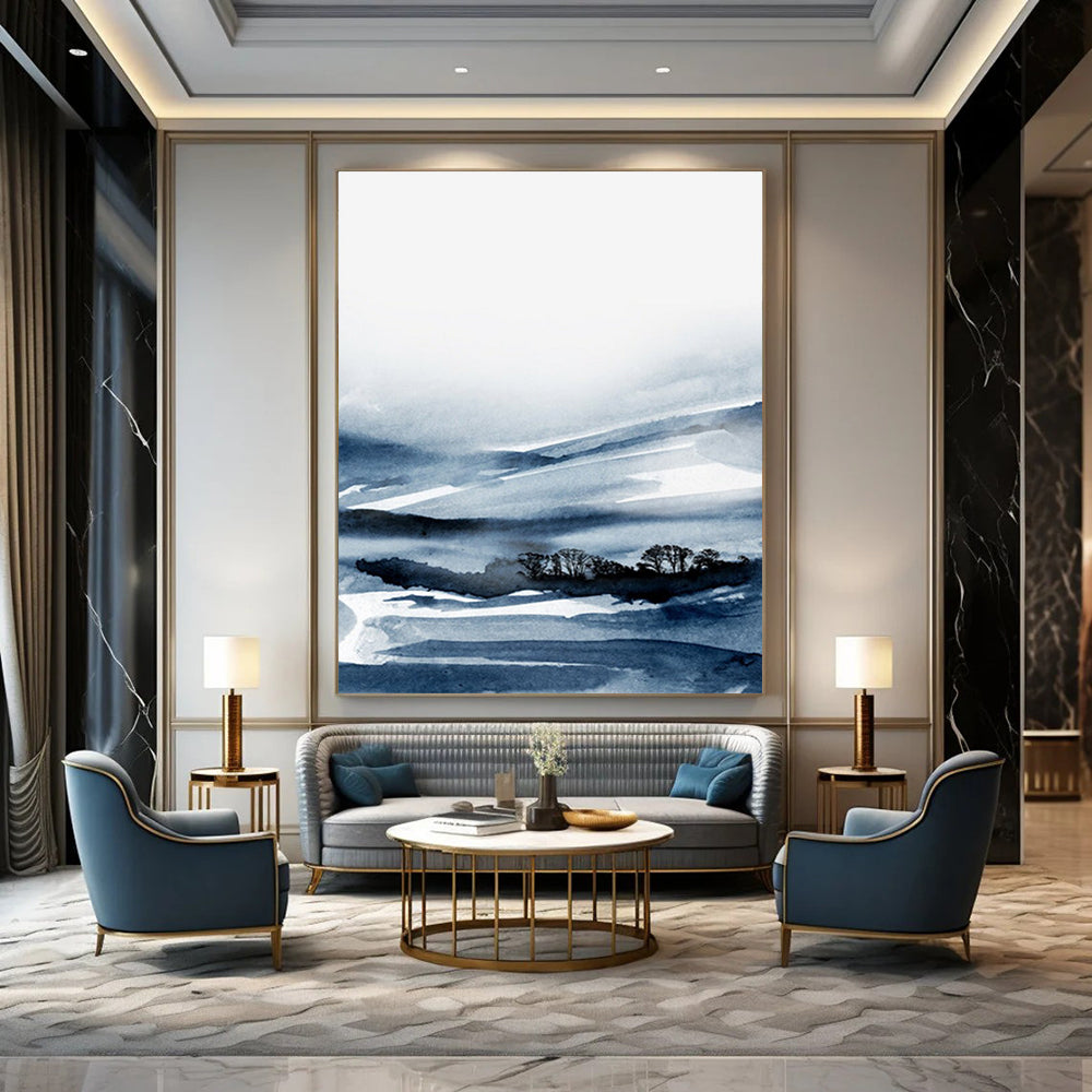 “Blue - Toned Ink - Wash Landscape” - Misty Mountains & Subtle Tree Forms Painting On Canvas DS231