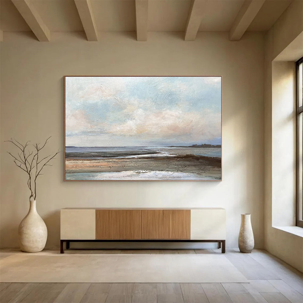“Serene Coastal Marsh” - Blue, Gray & Brown Landscape, Impressionistic Oil Painting On Canvas DKS755