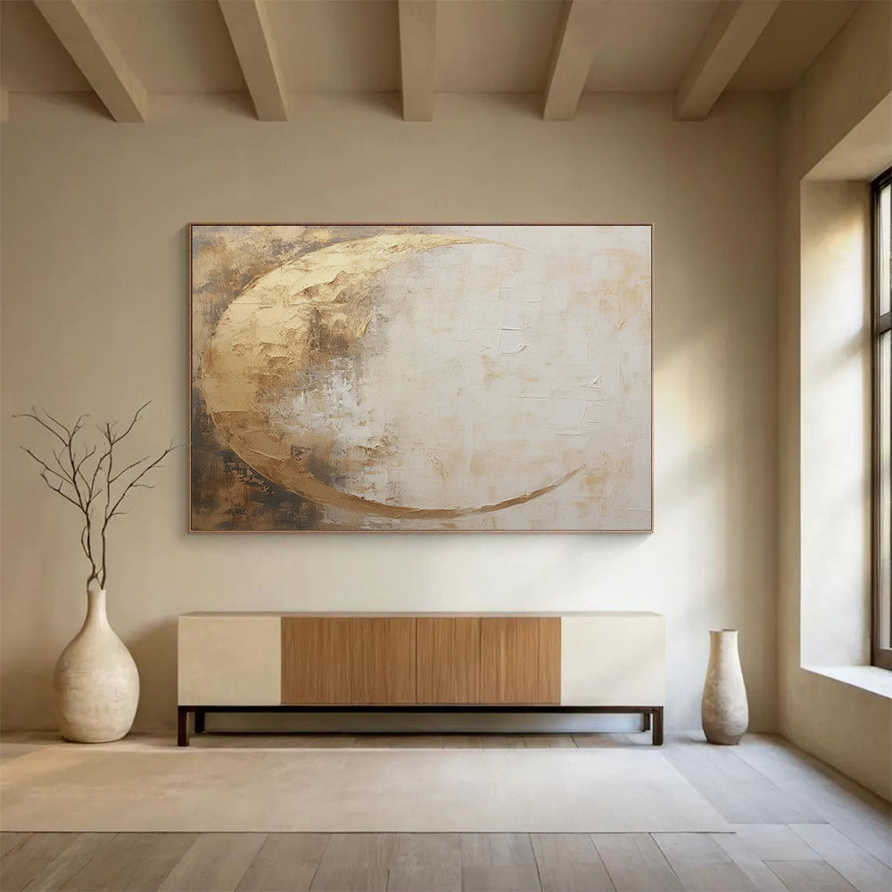 “Gold and Beige Abstract Moon” - Textured Minimalist Painting On Canvas PT081