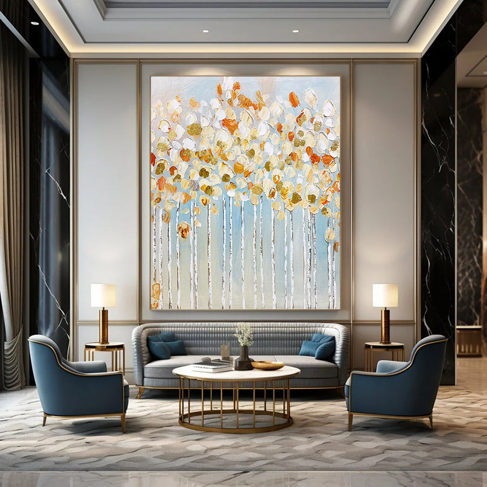 “Golden Blossom Trees” - White, Gold, Blue Floral Abstract Painting On Canvas PT1461
