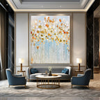 “Golden Blossom Trees” - White, Gold, Blue Floral Abstract Painting On Canvas PT1461