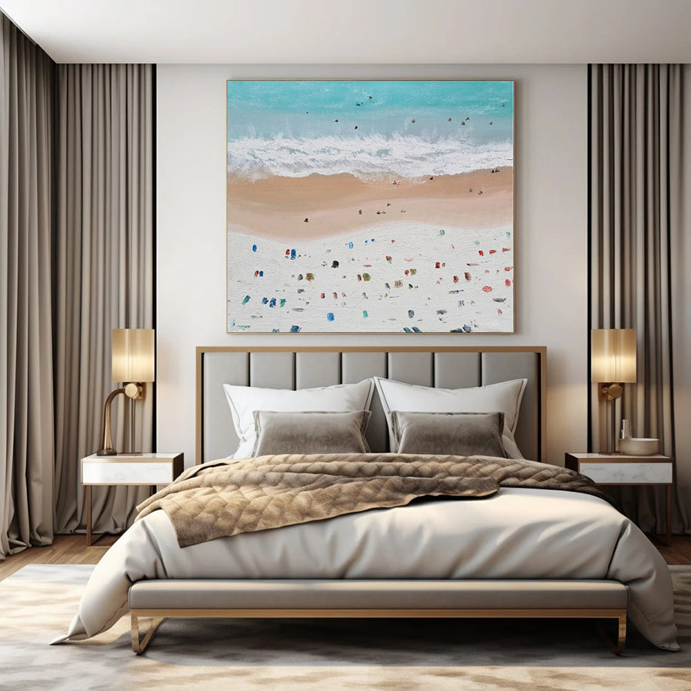 Blue, White, Beige and Colorful Dots "Beach Carnival" Impressionistic Abstract Painting On Canvas PS1131