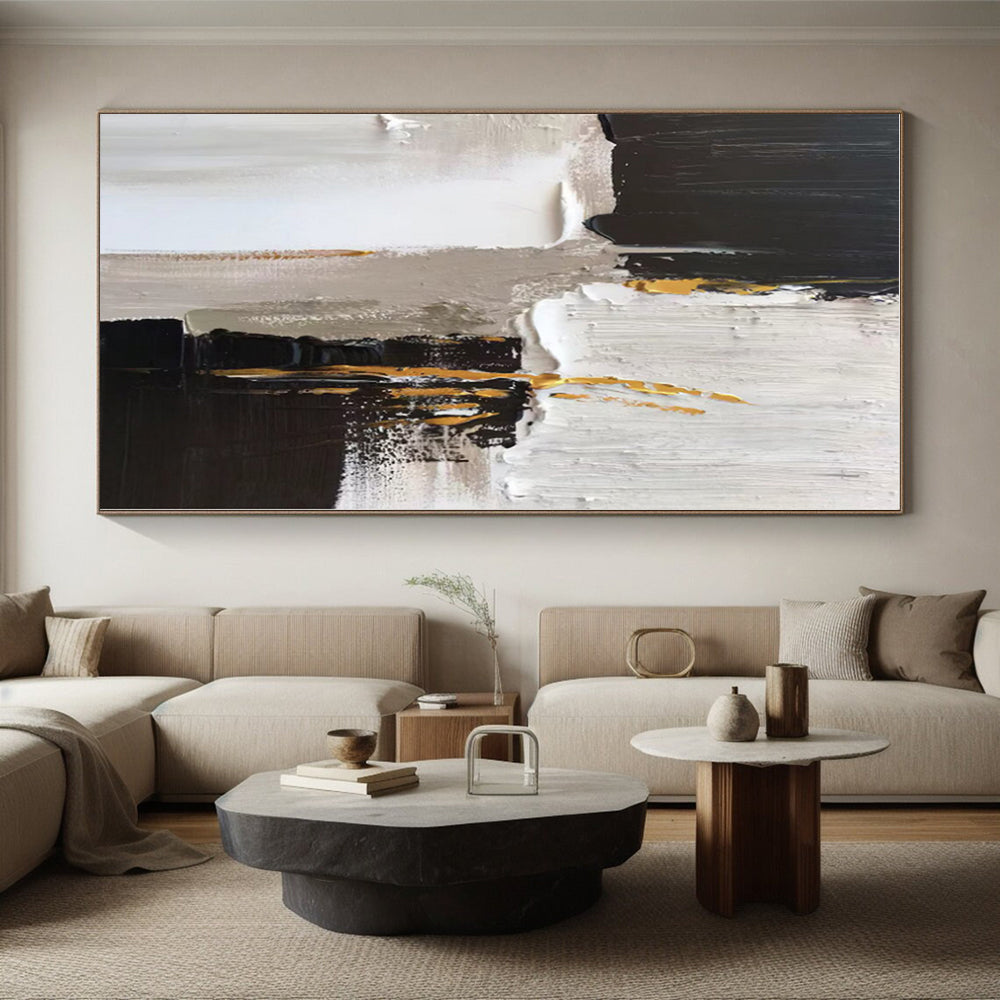 “Black - White - Gold Opulent Abstraction” - Black, White, Gold Abstract Painting On Canvas PS0497