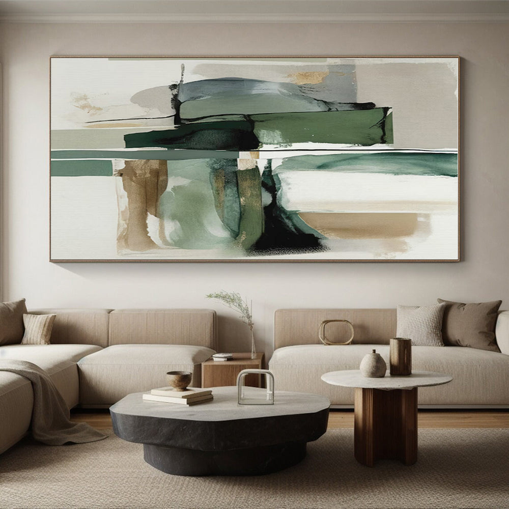 “Green & Gray Abstract Fusion” - Green, Gray, White, Gold Abstract Painting On Canvas PS0763
