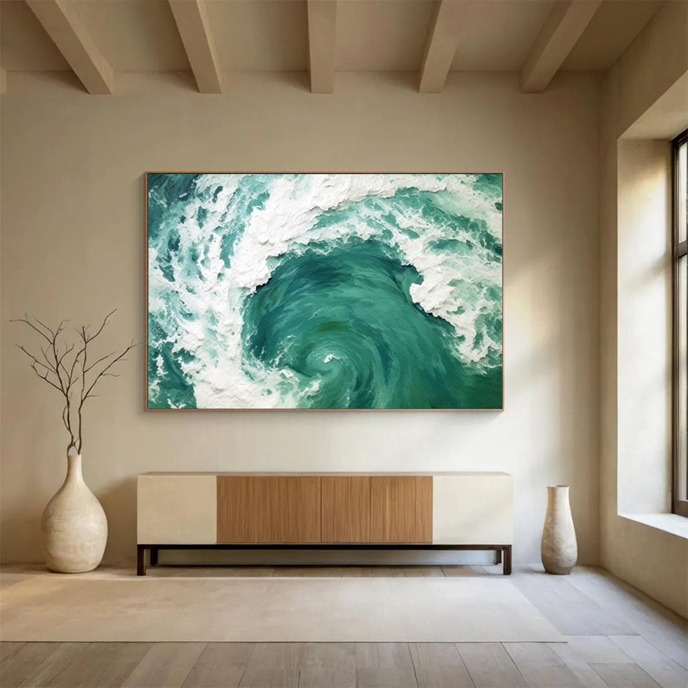 “Teal - White Swirling Wave” - Turquoise Motion “Ocean Vortex” Painting On Canvas PT1645