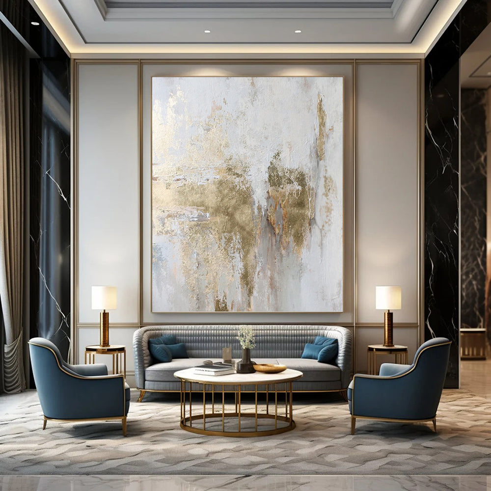 “Gold and White Textured Abstract” - Metallic Accent Painting on Canvas PT1006