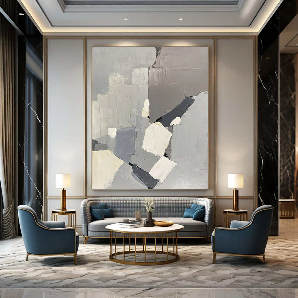 “Gray - Toned Abstract Blocks” - Minimalist, Geometric - Shaped Painting On Canvas PT1586