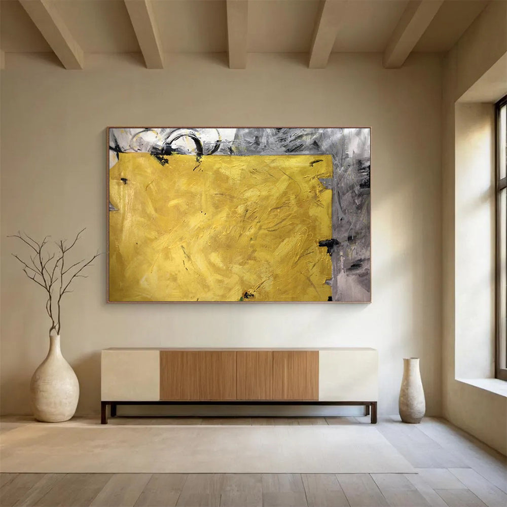 “Bold Yellow and Gray Abstract” - Striking Abstract Painting On Canvas PT153