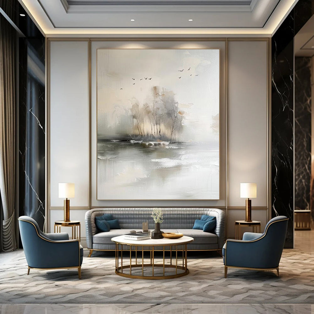 “Misty Landscape with Birds” - Impressionist Abstract Painting On Canvas PT1190