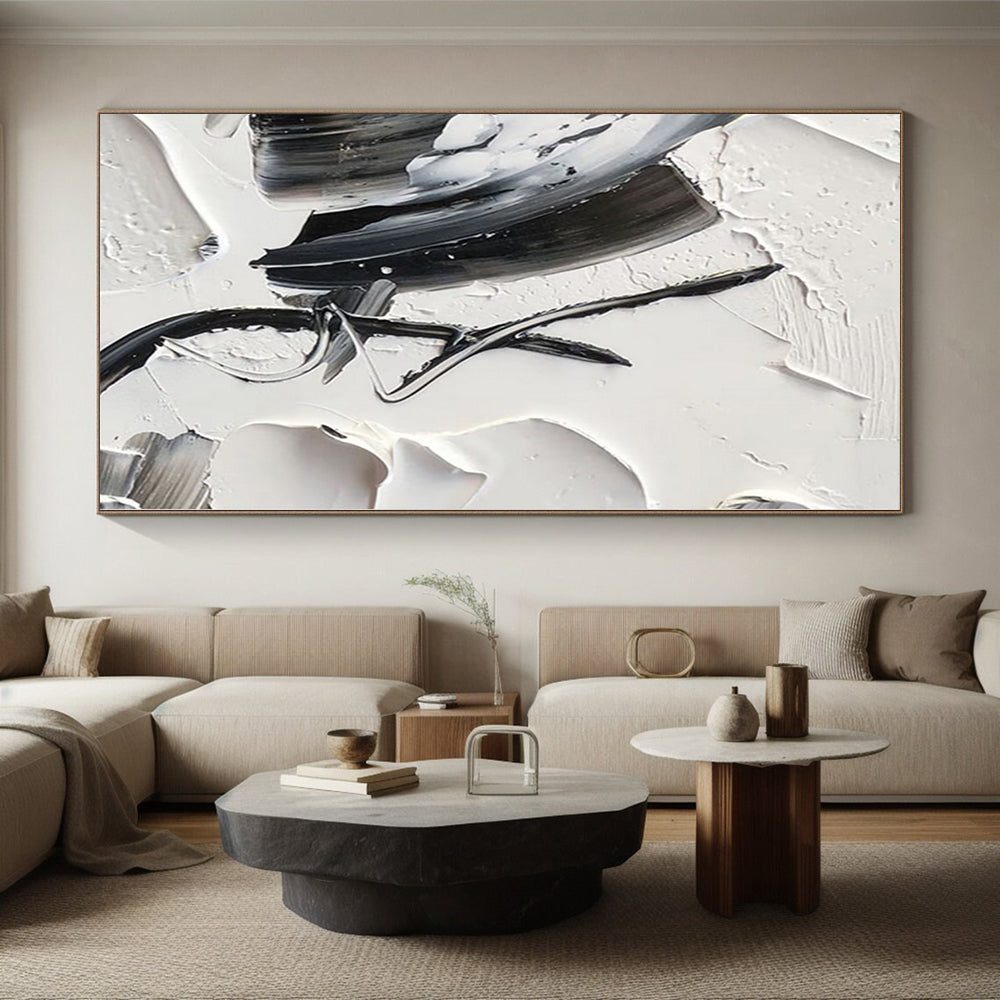 “Dynamic Black - White Abstract Strokes” - Expressive Abstract Painting On Canvas PS0243