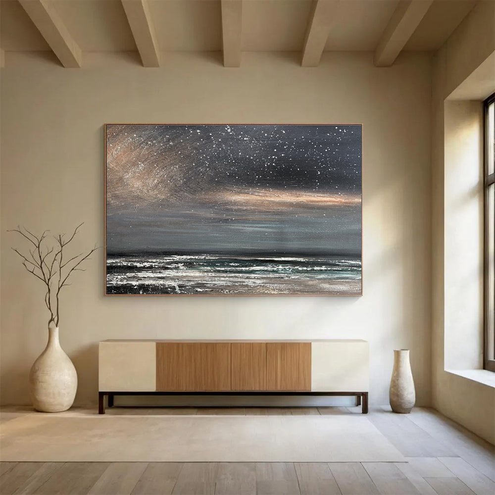 Dark Sky with Stars Over Grey - White Sea Seascape Painting On Canvas DKS105