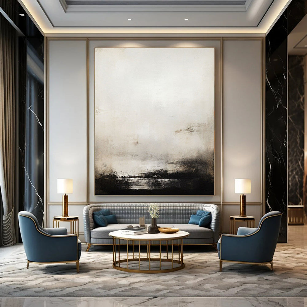 “Monochrome Misty Abstract” - Abstract, Black - and - White Painting On Canvas PT1498