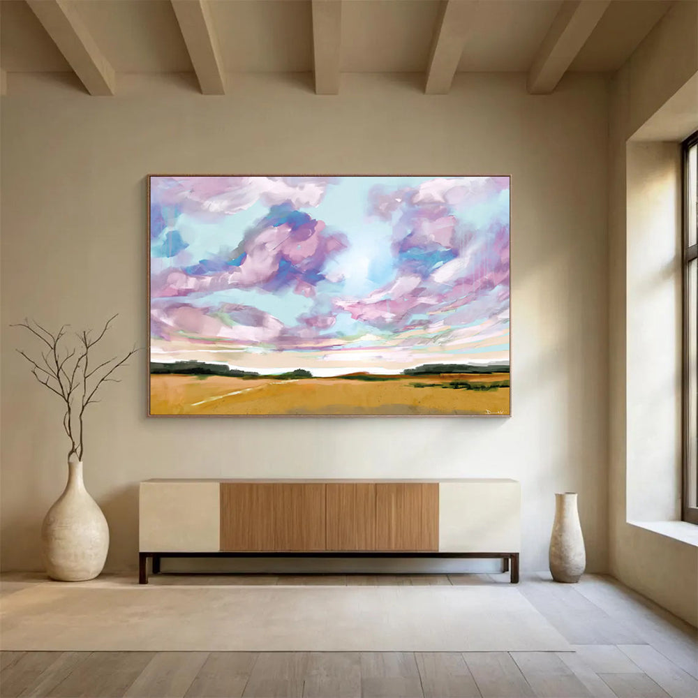 “Vibrant Sky and Field Abstract Landscape” - Cheerful Landscape Painting On Canvas PT149