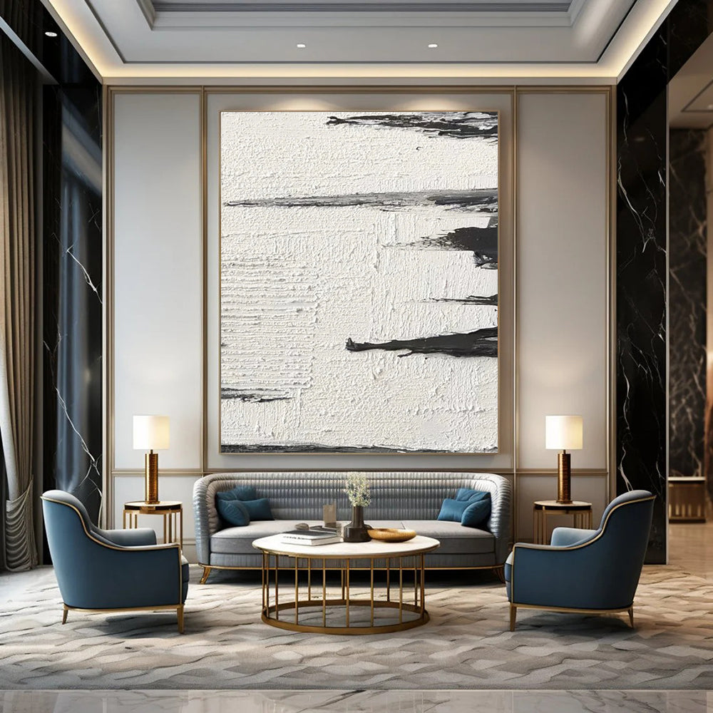 “Textured Black and White Abstract Horizons” - Layered Minimalist Painting On Canvas DS384