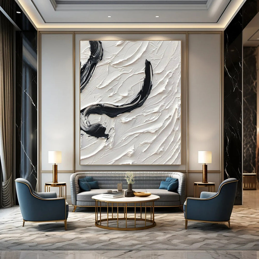 “Curved Textures: Black and White Abstract” - Tactile Abstract Painting On Canvas DS400