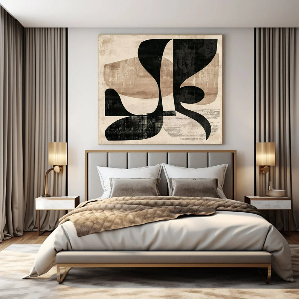 Beige, Black with Layered Shapes "Retro Collage" Abstract Painting On Canvas PS1420