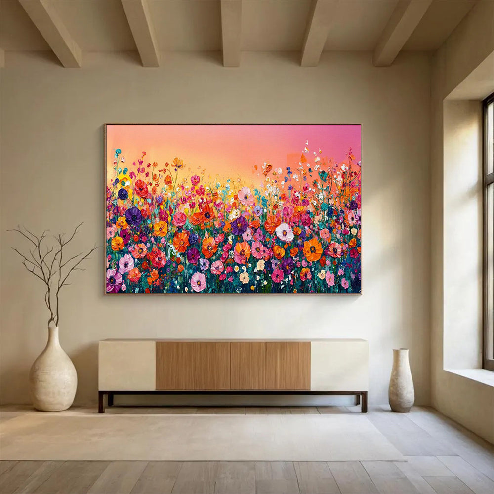 Rainbow Meadow - Vibrant Floral Oil Painting, Great for Game Room & Outdoor Lounge DKS680