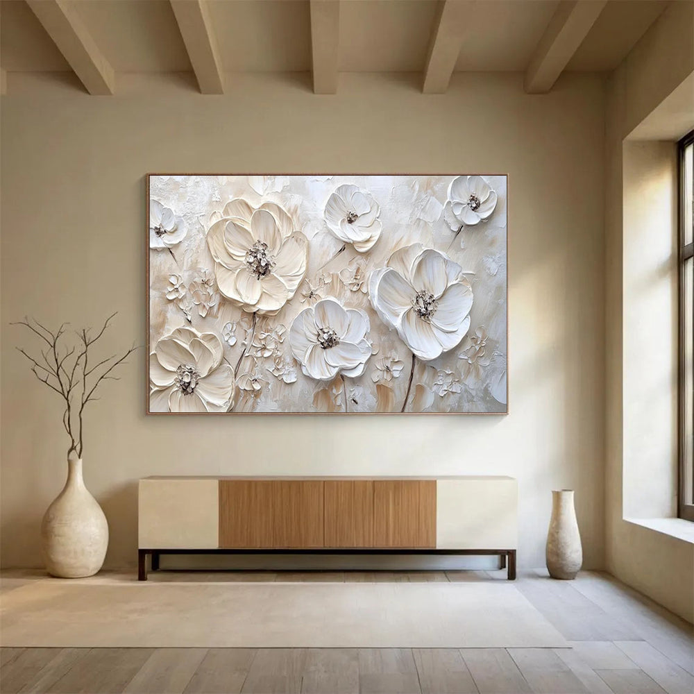 “Textured White Flowers on Beige” - Impasto Floral - Painting On Canvas PT1769