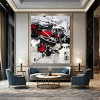 “Dynamic Red, Black, and White Abstract” - Energetic Abstract Painting On Canvas DS383
