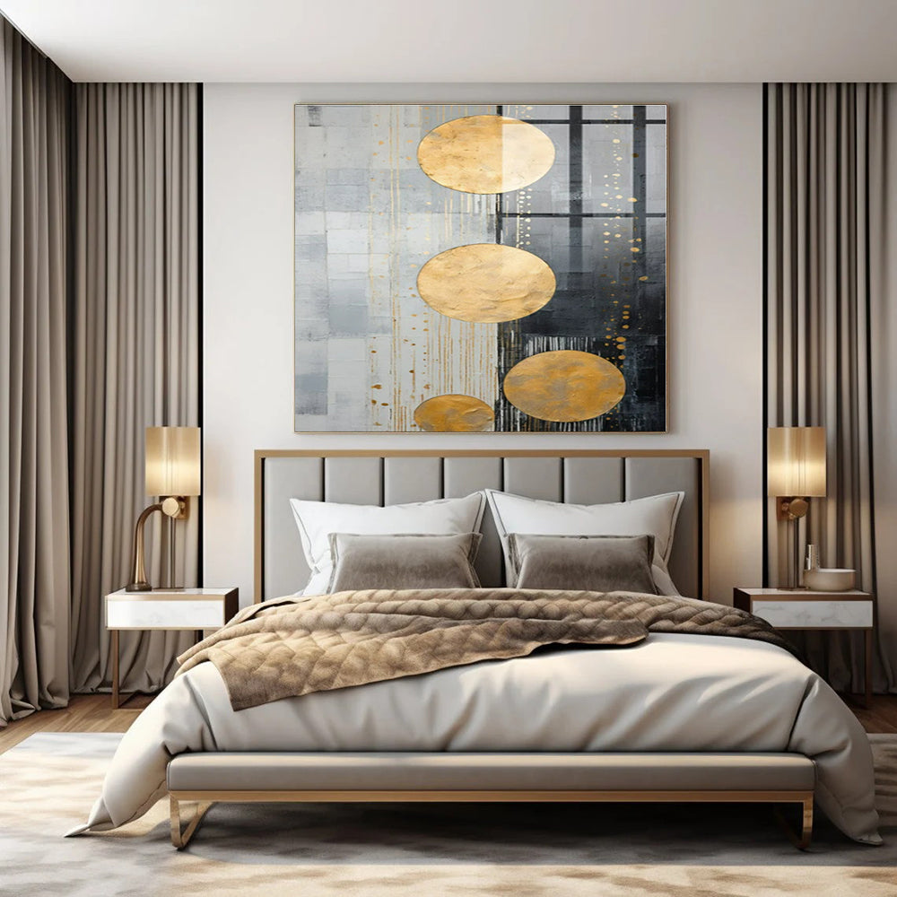 Gold Circles on Gray Abstract - Geometric Metallic Abstract Painting On Canvas PS1241