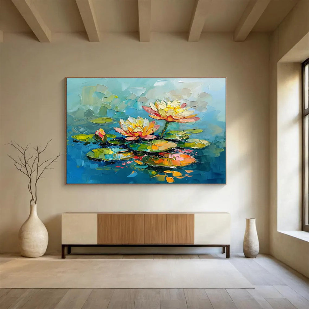 “Colorful Water Lilies” - Impasto Floral Painting On Canvas PT088
