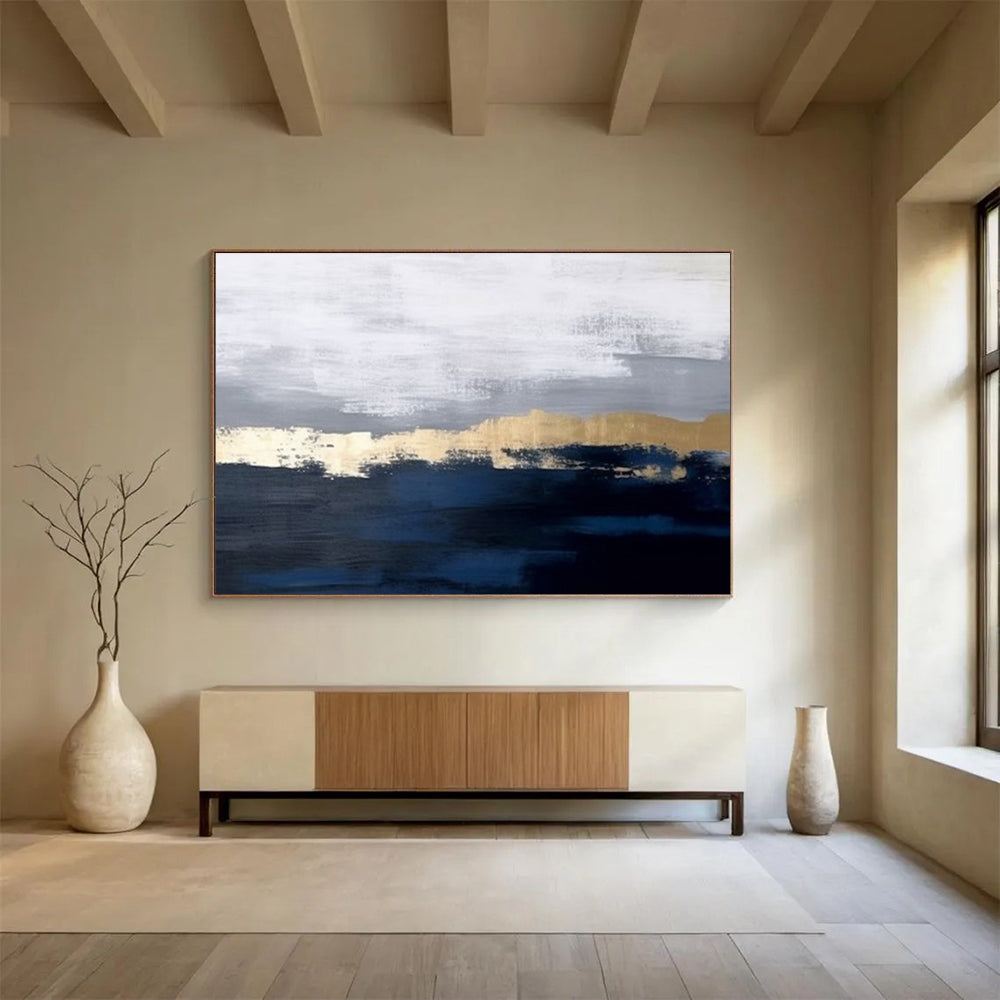 “Gray Gold Abstract” - Gray, Gold & Blue Abstract, Minimalist Oil Painting On Canvas DKS784