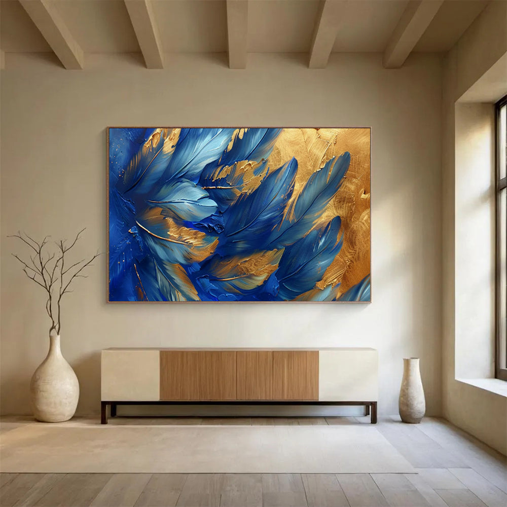 “Blue Feathers & Gold Highlights” - Abstract Nature - Painting On Canvas PT1708