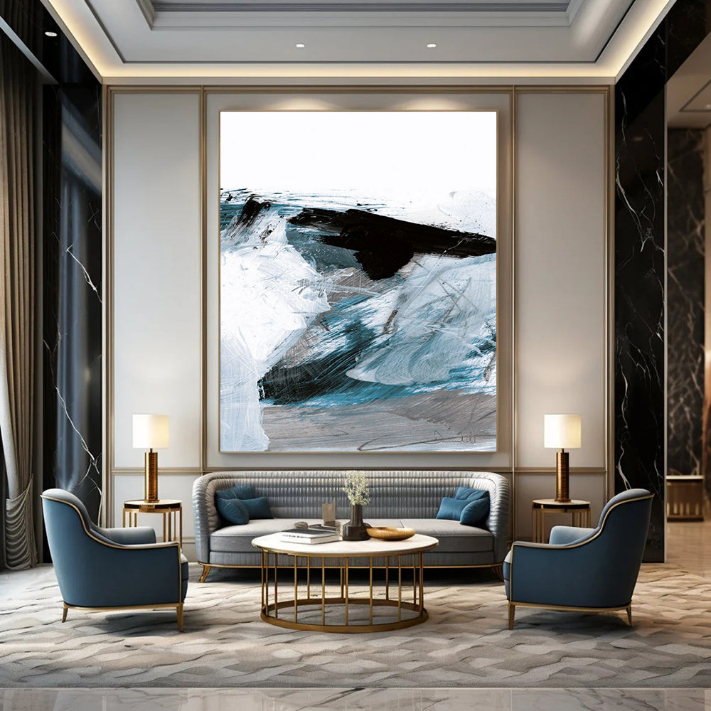 “Dynamic Blue & Black Layers” - Shades of Blue with Bold Black Accents Painting On Canvas DS220