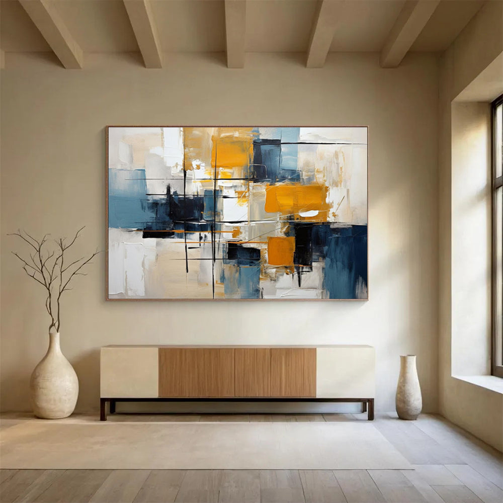 “Geometric Yellows and Blues” Abstract Painting On Canvas DKS183