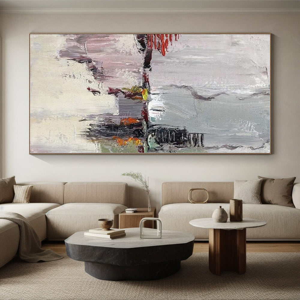 “Gray - Toned Abstract Scene” - Gray, Red, Yellow Abstract Landscape - Inspired Painting On Canvas PS0402