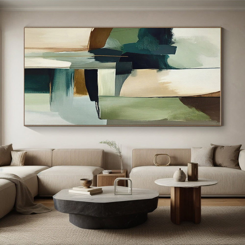 “Teal & Gold Abstract Geometry” - Teal, Gold, Green, White Abstract Geometric Painting On Canvas PS0757