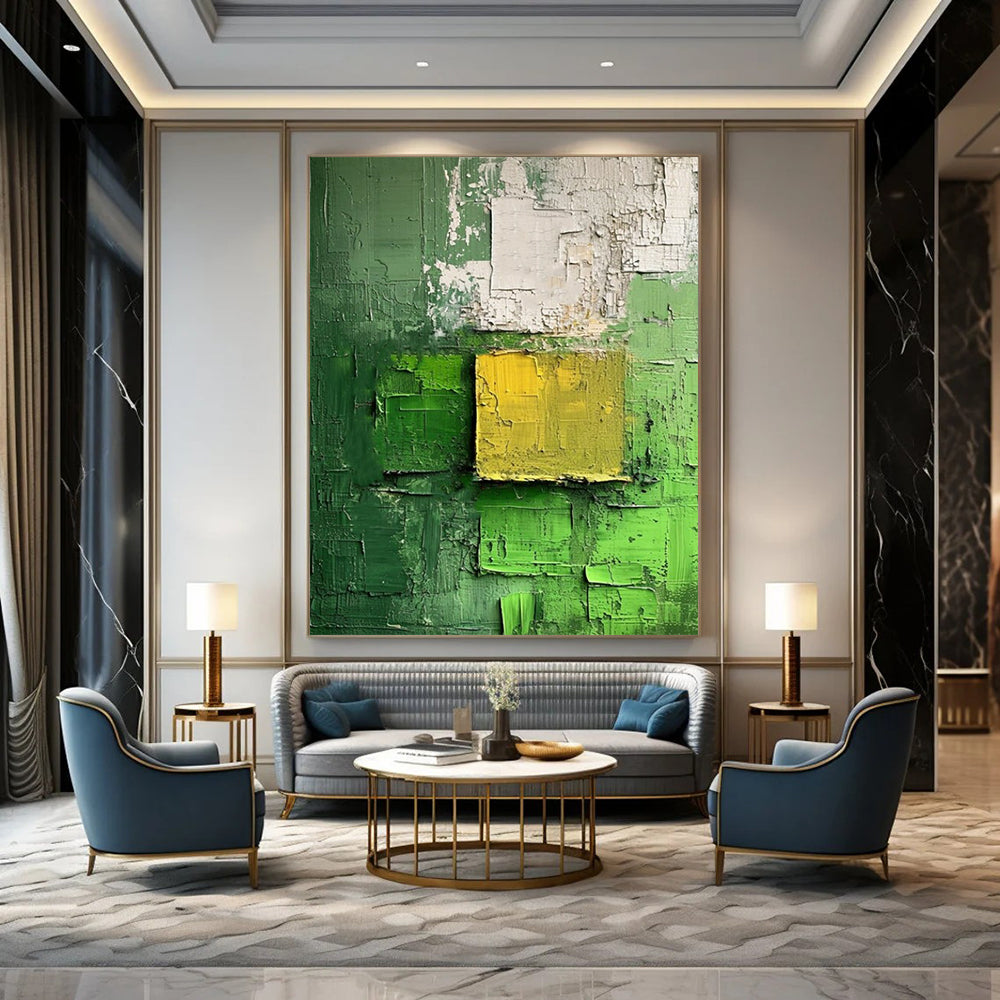 “Green - Yellow Textured Squares” - Abstract Expressionist Painting On Canvas DS029