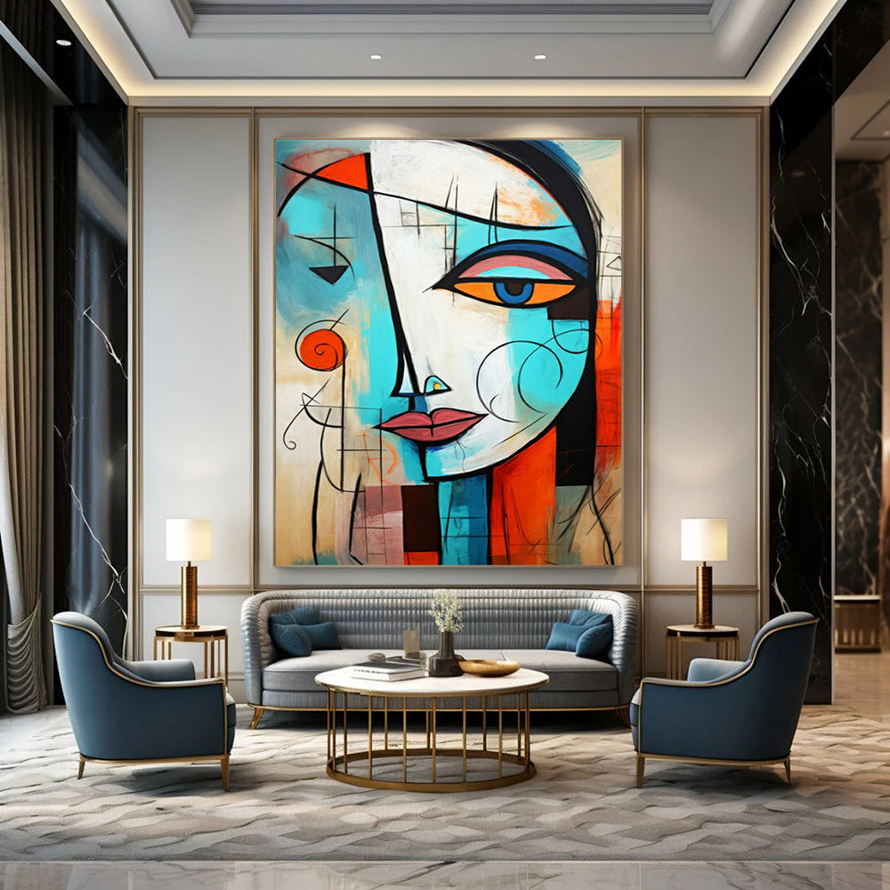 “Cubist Face in Blue and Orange” - Cubist Acrylic Painting On Canvas PT2213