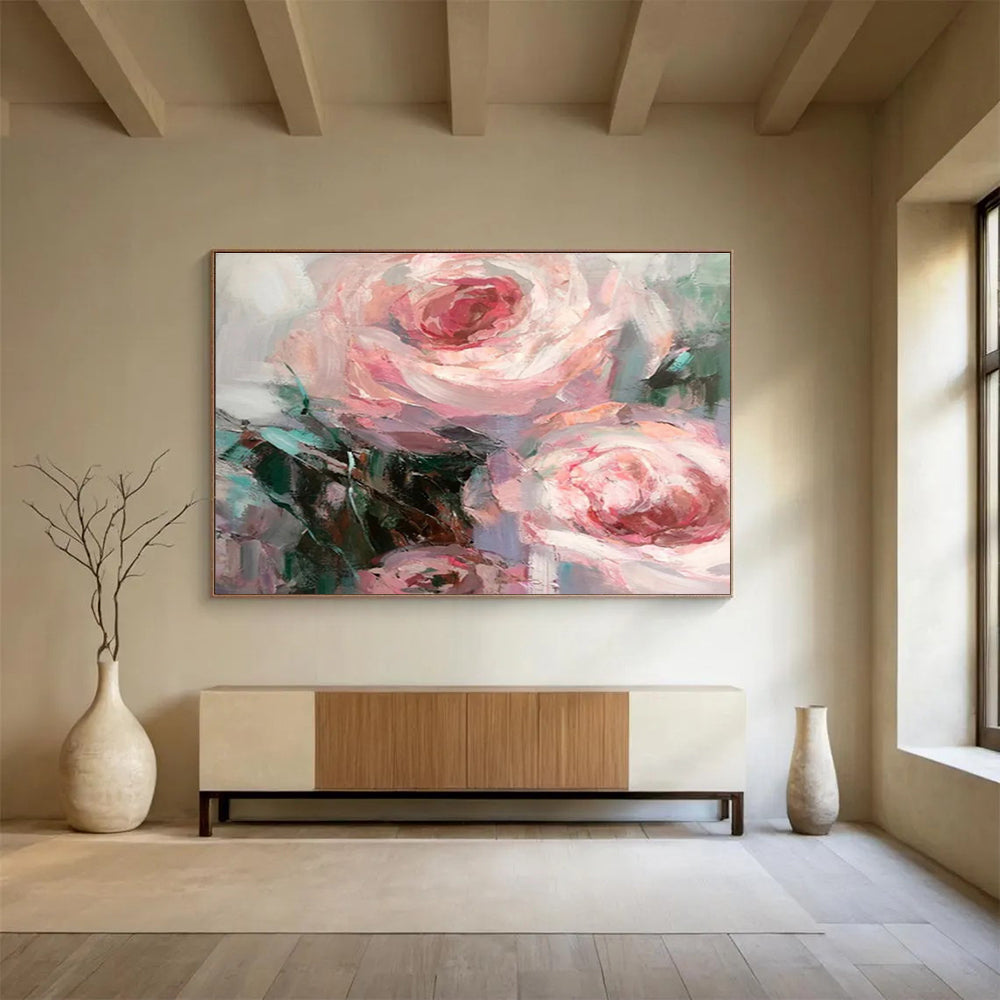 “Soft Pink Rose Blooms” - Pink, Purple & Green Floral, Impressionistic Oil Painting On Canvas DKS724