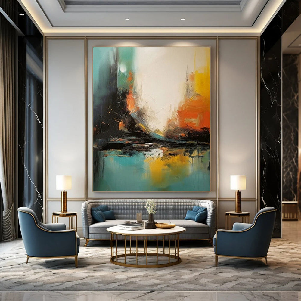 “Vibrant Cityscape: Colorful Abstract Reflection” - Dynamic Urban Abstract Painting On Canvas PT0928