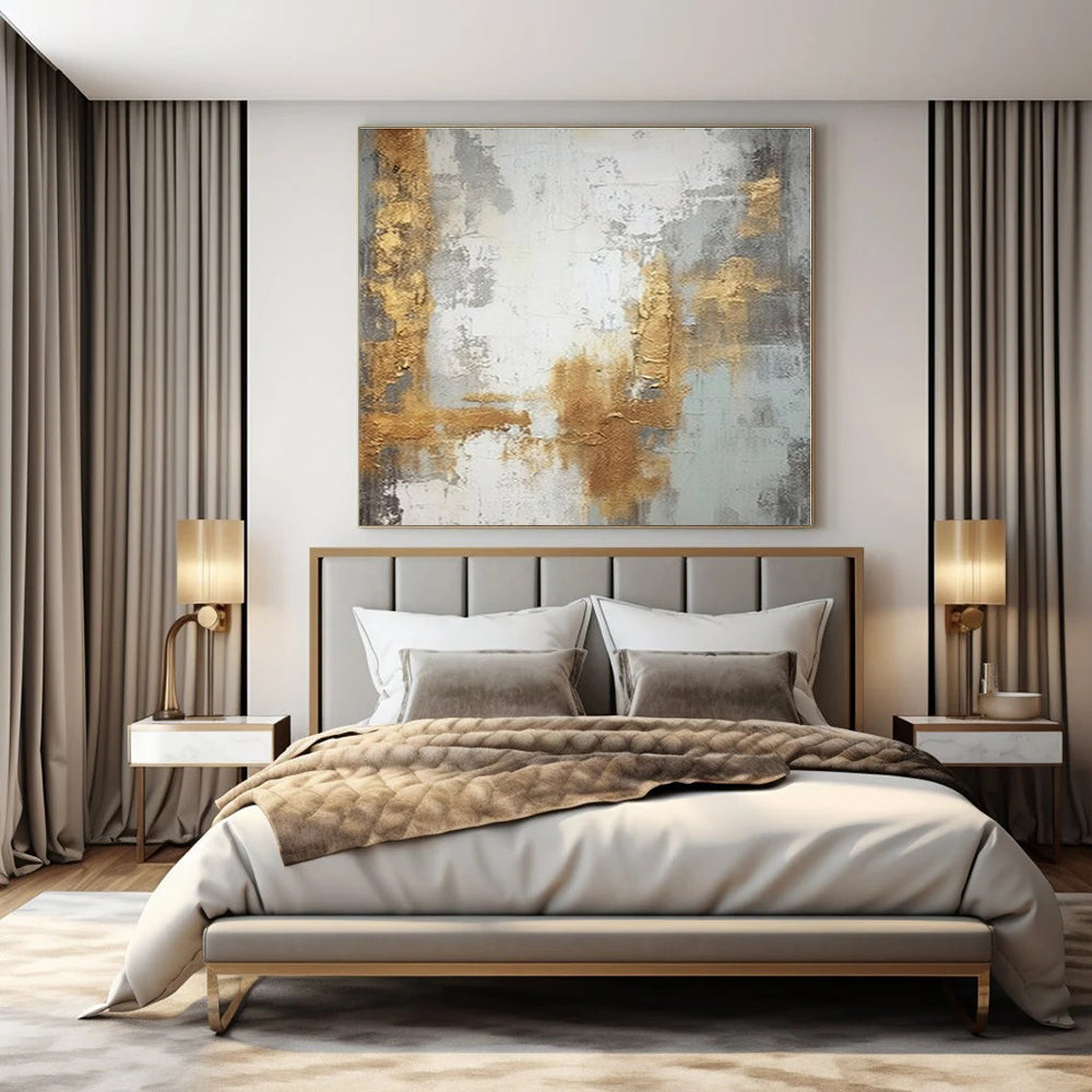 Gray, Gold, White with Textured Layers "Gilded Echoes" Abstract Painting On Canvas PS1270