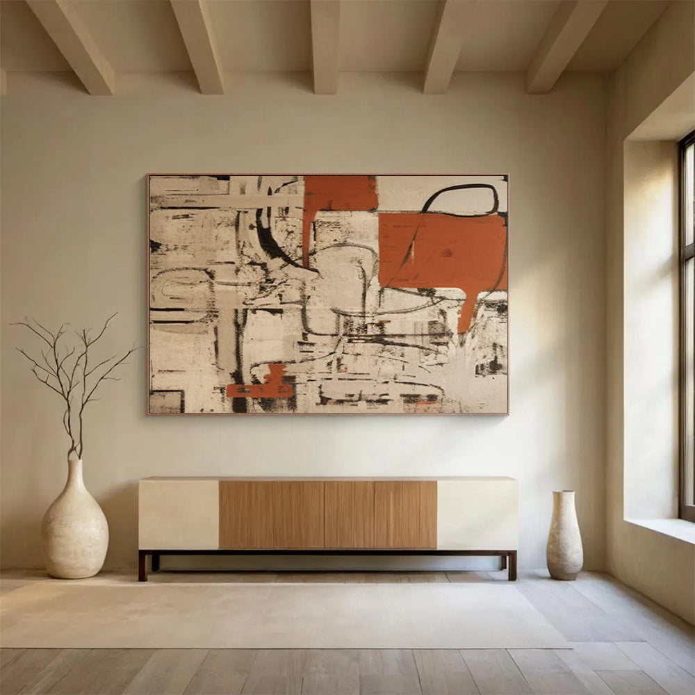 “Rust and Beige Abstract with Black Lines” - Industrial Abstract Painting On Canvas PT099