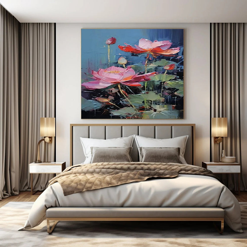 Blue, Pink, Green with Textured Lotus "Vibrant Blooms" Abstract Painting On Canvas PS1436