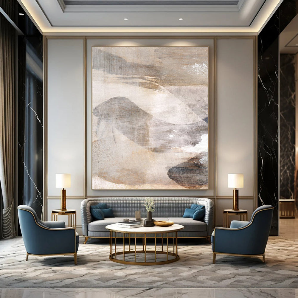 “Textured Mountain Abstraction” - Beige & Gray Layers with Subtle Shapes Painting On Canvas DS210