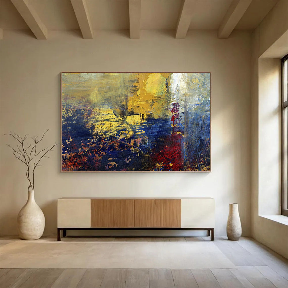 “Golden - Blue Abstract Vista” - Gold, Blue & Purple Abstract, Impasto Oil Painting On Canvas DKS722