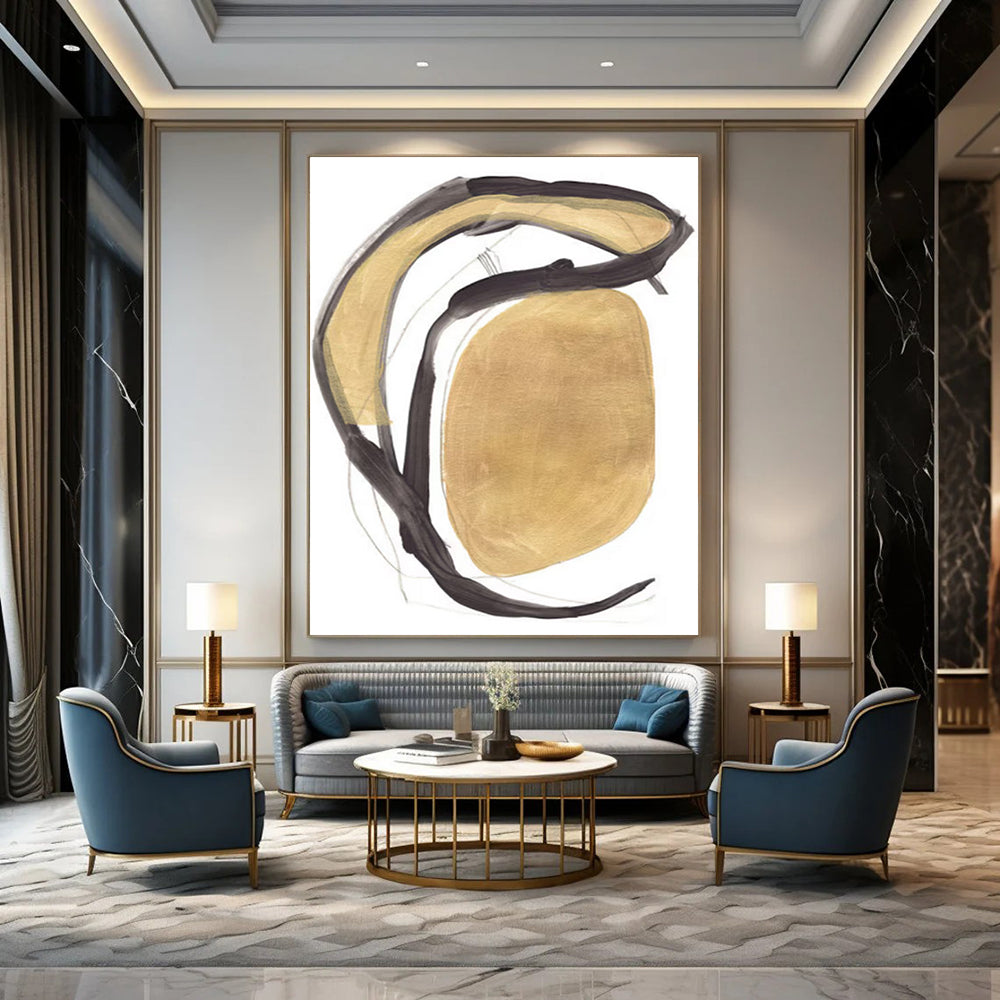 “Gold & Black Curved Forms” - Metallic Hues with Fluid Lines Painting On Canvas DS223