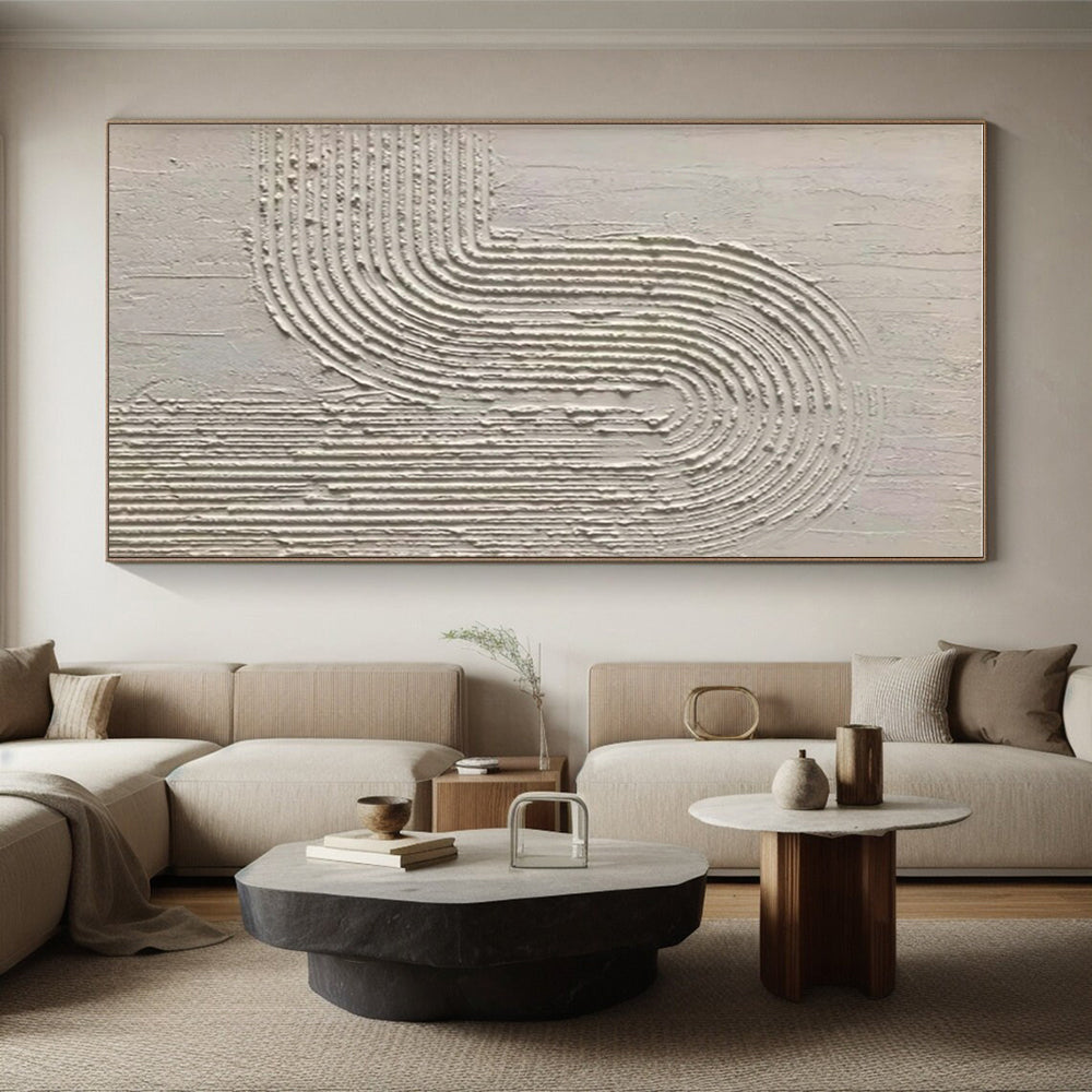 “Textured White Curved Lines” - White, Light - colored Abstract Textured Painting PS0596