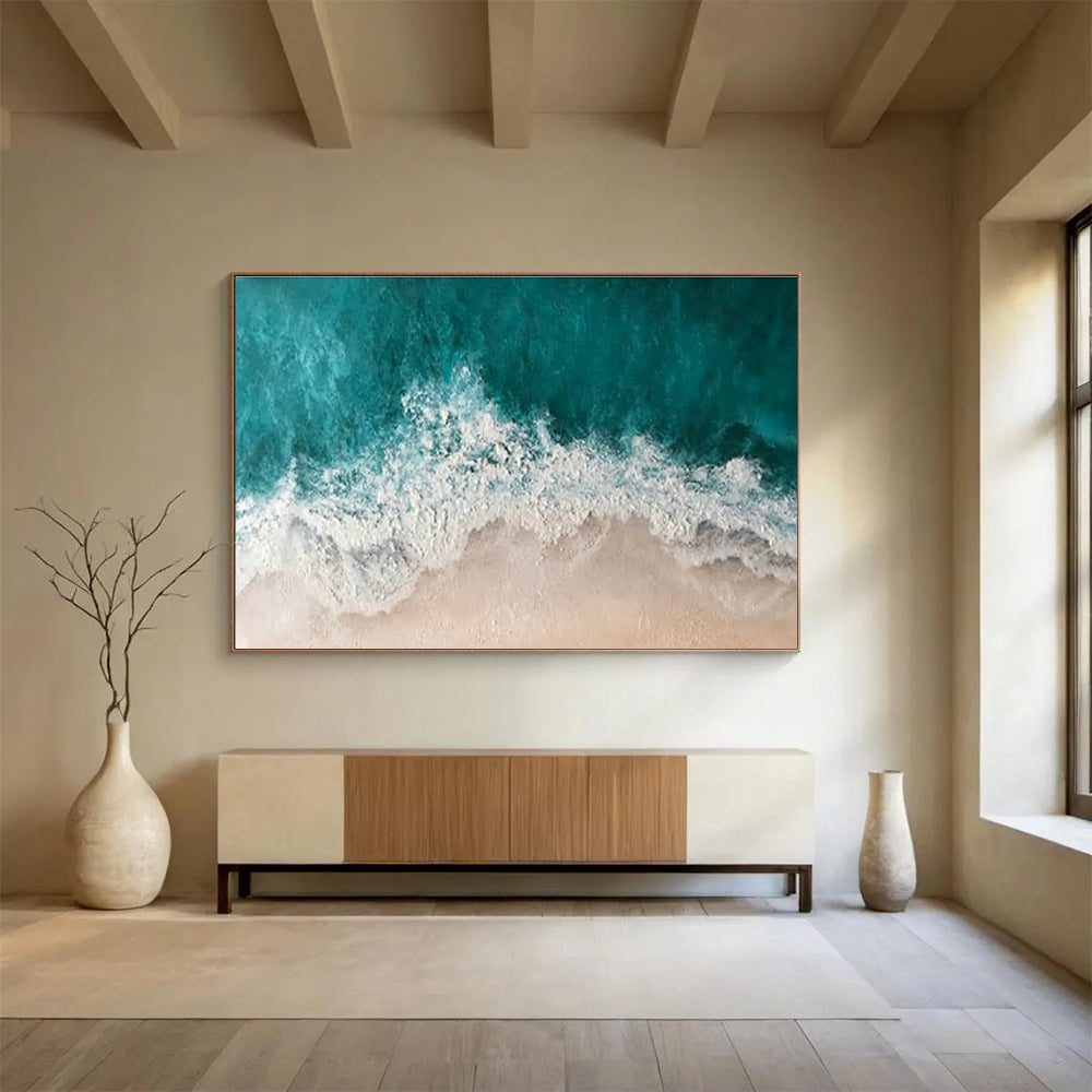 “Aerial Beach Waves” - Turquoise, White & Beige Coastal, Abstract Aerial Painting On Canvas DKS699