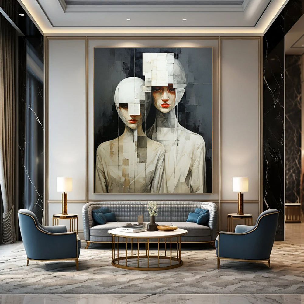 “Monochrome Fragmented Figures” - Surrealist Painting On Canvas PT2203